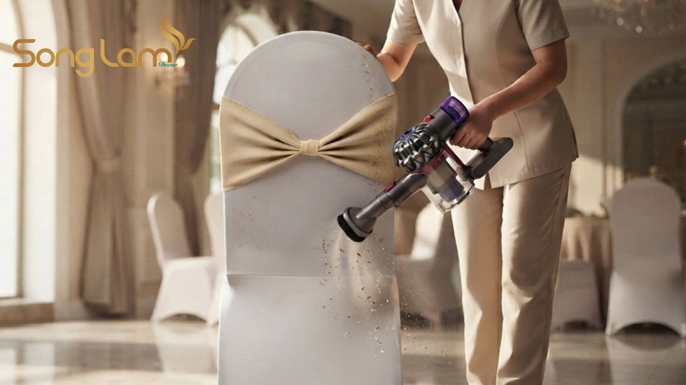 Hút bụi và xử lý các vết bẩn khô trên áo ghế nhà hàng