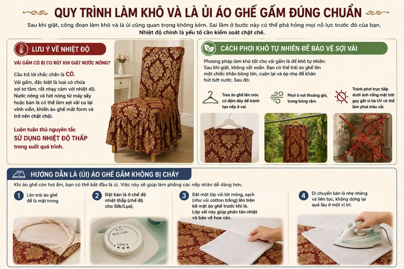 Quy trình làm khô và là ủi áo ghế gấm đúng chuẩn
